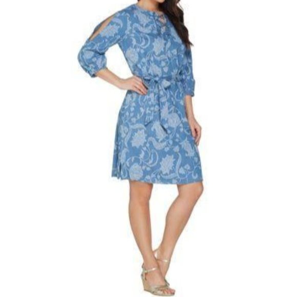 Isaac Mizrahi TRUE DENIM Floral Printed dress Light Indigo Size Reg 8 - Picture 1 of 2